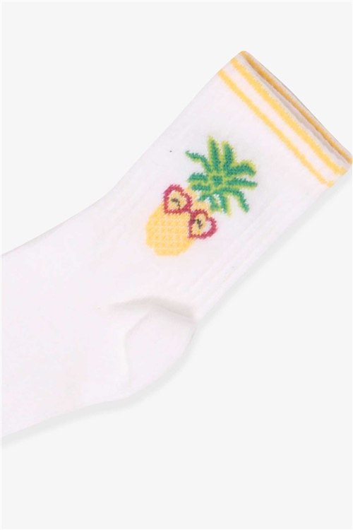 Katamino Kız Çocuk Soket Çorap Ananas Desenli Beyaz (5-6-13-14 Yaş)