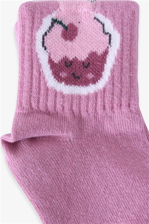Katamino Kız Çocuk Soket Çorap Kek Desenli Gülkurusu (3-4-9-10 Yaş)