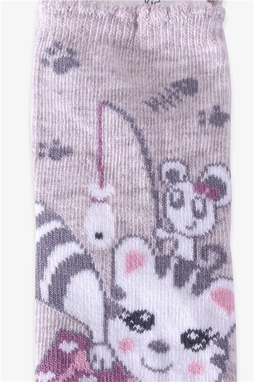 Katamino Kız Çocuk Soket Çorap Obur Kedili Bej (1-2-7-8 Yaş)
