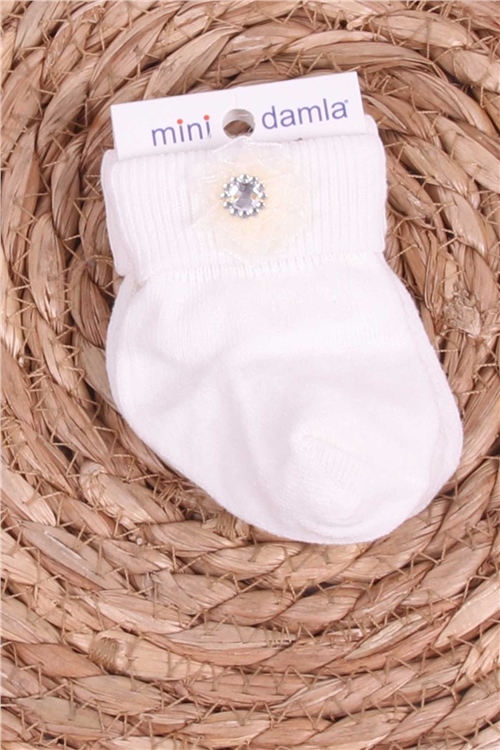MİNİDAMLA Kız Bebek Yenidoğan Çorap Taşlı Ekru (Standart)